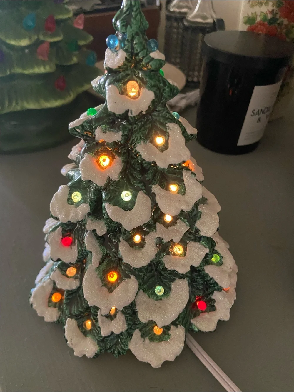 Vintage Hand Painted Flocked Ceramic Christmas Tree- 7 inches